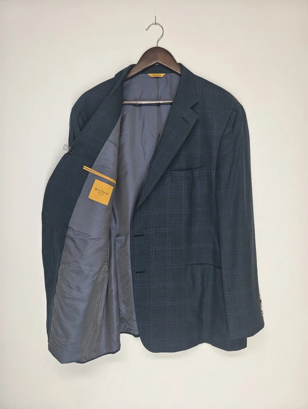 Hickey Freeman New York 48R Teal Plaid Sport Coat Wool Flax Silk USA